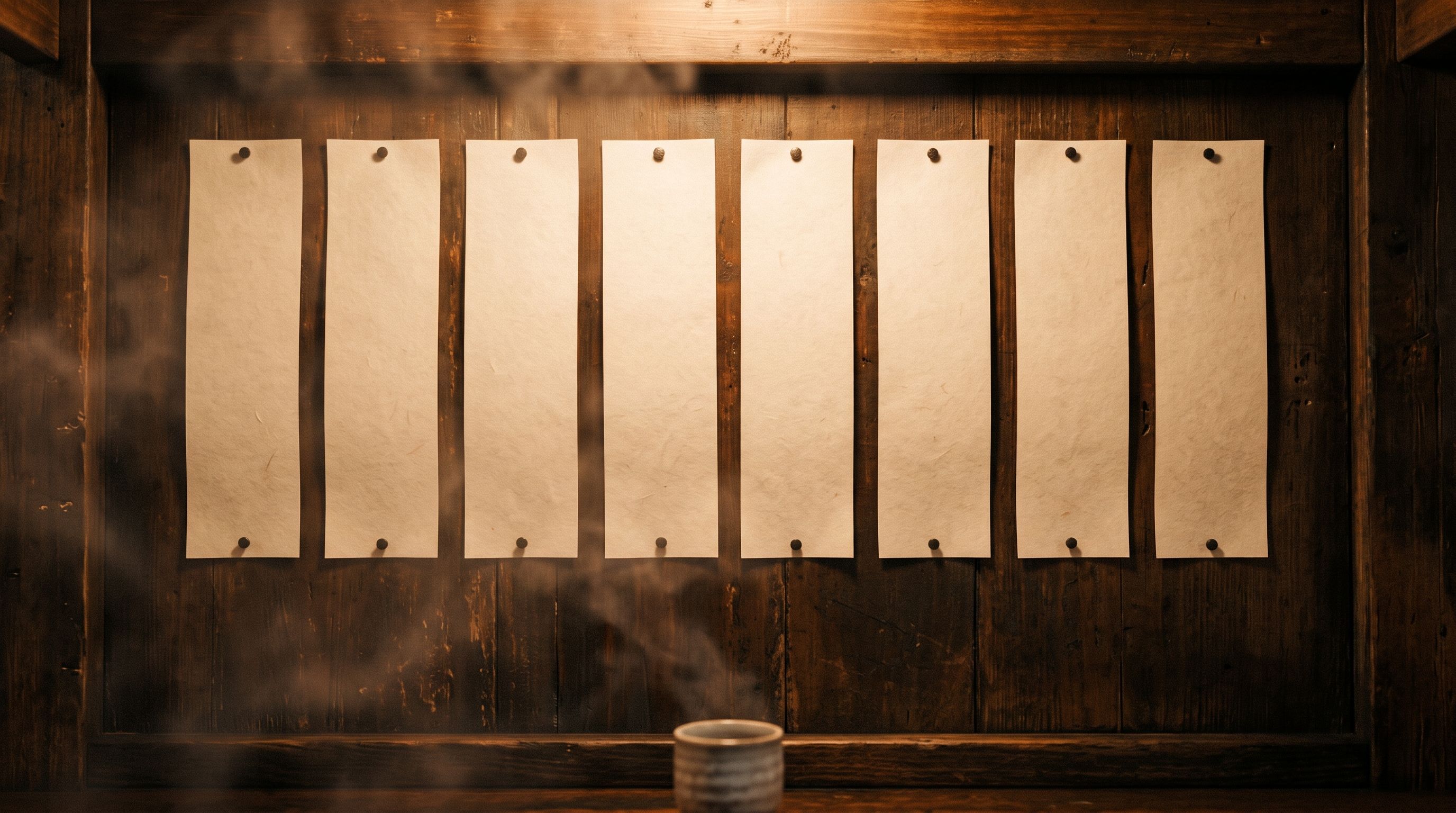 Eight paper menu strips pinned to a wooden wall in a Japanese restaurant